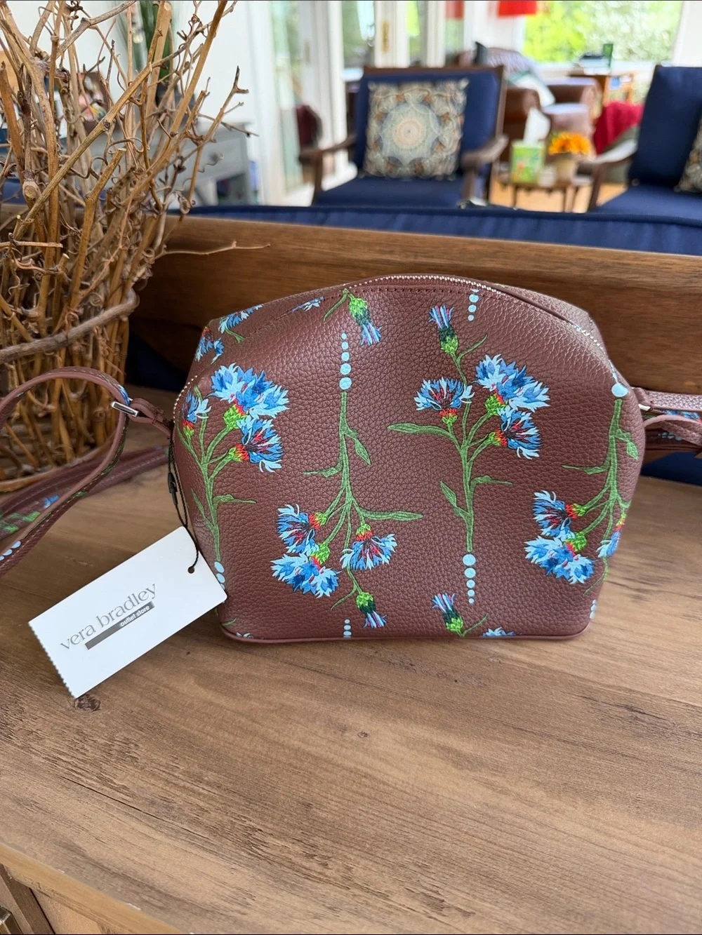 Vera Bradley Brown Crossbody with Blue Floral Print